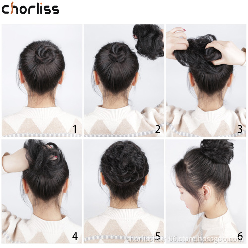 Wolesale Hot Selling Short Chignon For Women Afro Natural Color Hair Pieces Wave Buns In Synthetic Curly Chignon Hair With Bangs